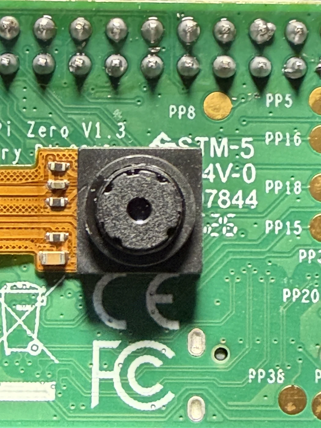 Camera module fitted to the rear of the Raspberry Pi Zero PCB